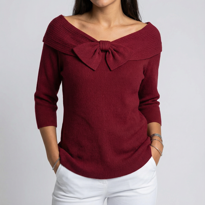 Pulover cu Decolteu Bardot și Fundă