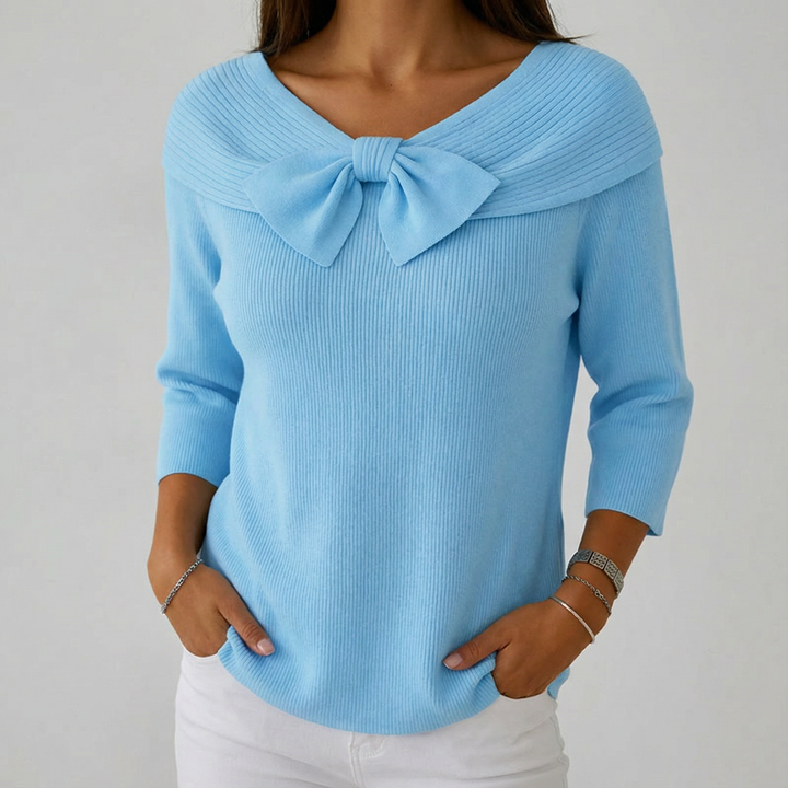 Pulover cu Decolteu Bardot și Fundă