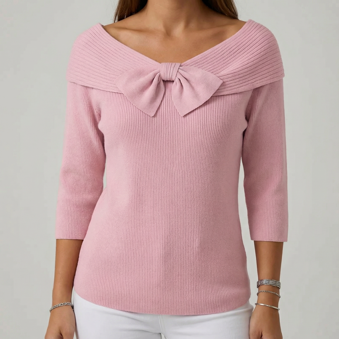 Pulover cu Decolteu Bardot și Fundă