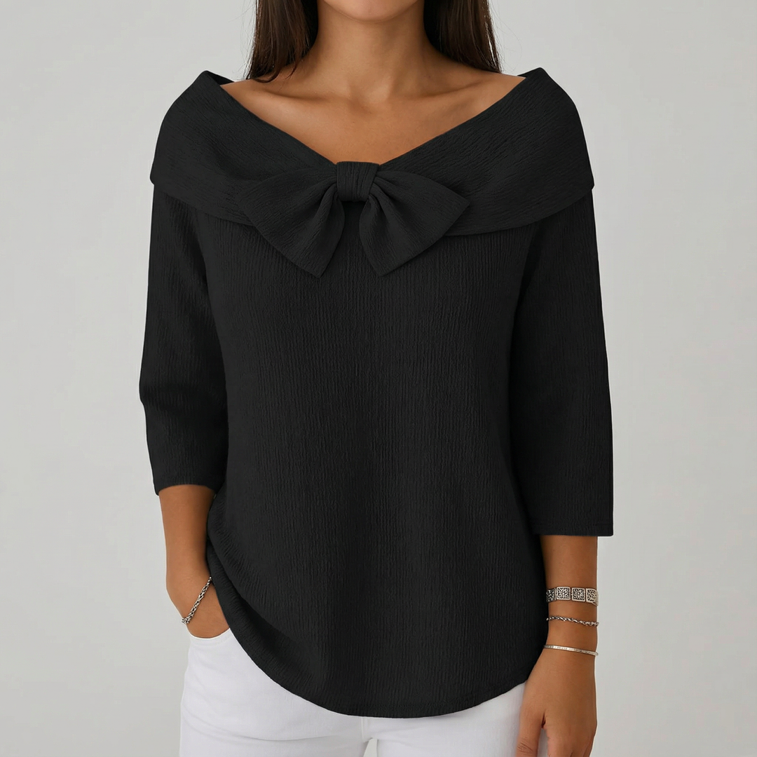 Pulover cu Decolteu Bardot și Fundă