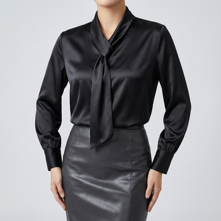 Bluză din satin cu fundă la gât