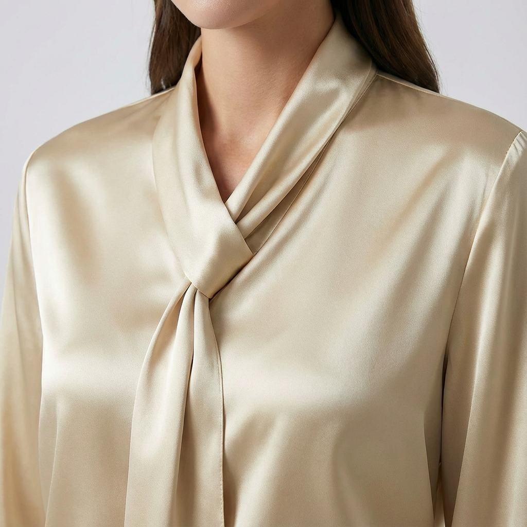 Bluză din satin cu fundă la gât