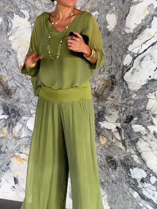 ESMERALDA – SET DIN DOUĂ PIESE CU PANTALONI LARGI DIN CHIFFON ELEGANT