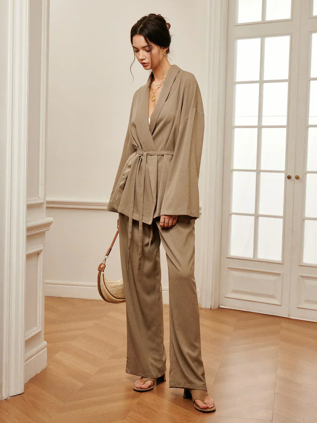 Set de pantaloni șifonați cu curea pentru ținute casual