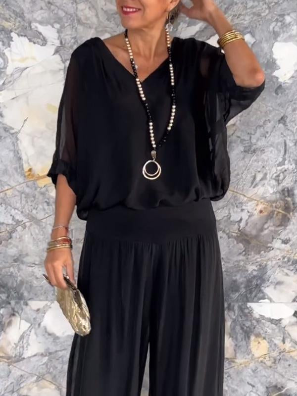 ESMERALDA – SET DIN DOUĂ PIESE CU PANTALONI LARGI DIN CHIFFON ELEGANT