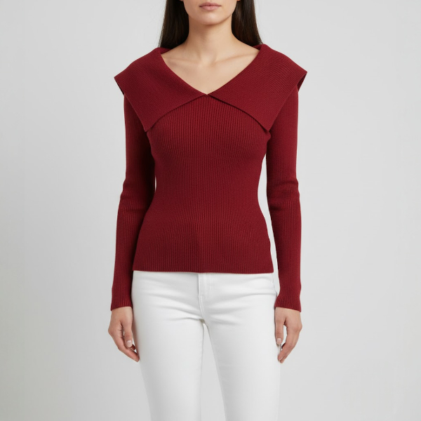 Pulover cu decolteu în V și guler drapat